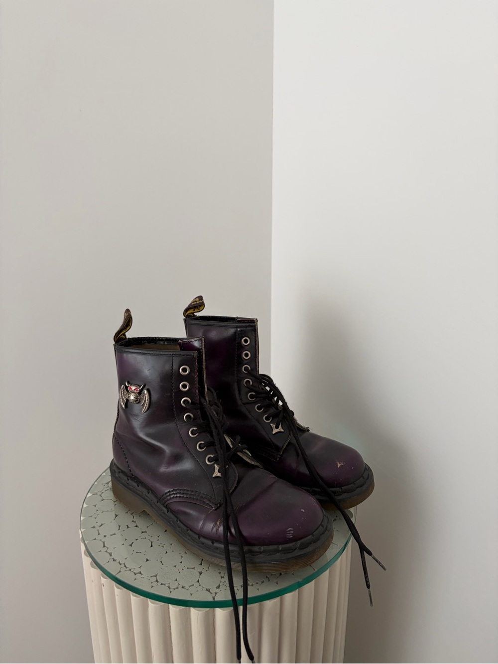 Dr. Martens Purple Leather Combat Boots with Bat Pin - Picture 2 of 2